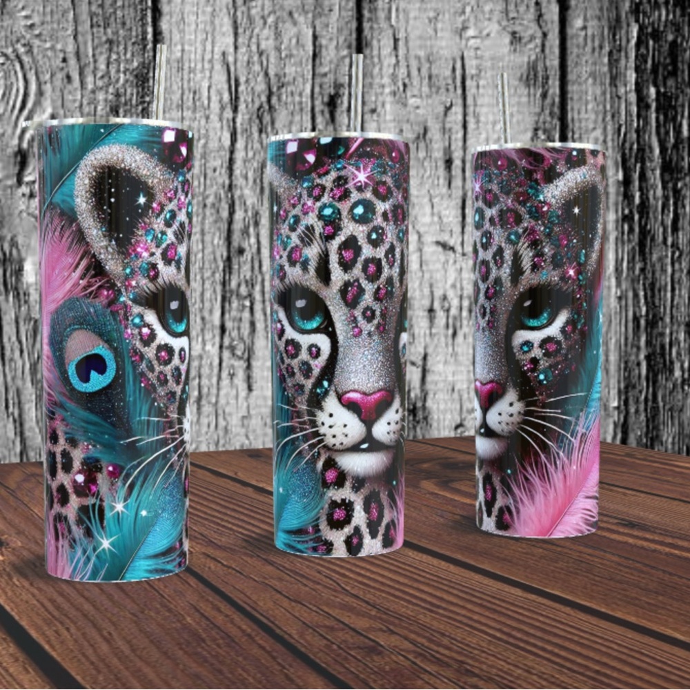 Leopard Print 20 oz Stainless Steel Skinny Tumbler with Pink and Blue Accents